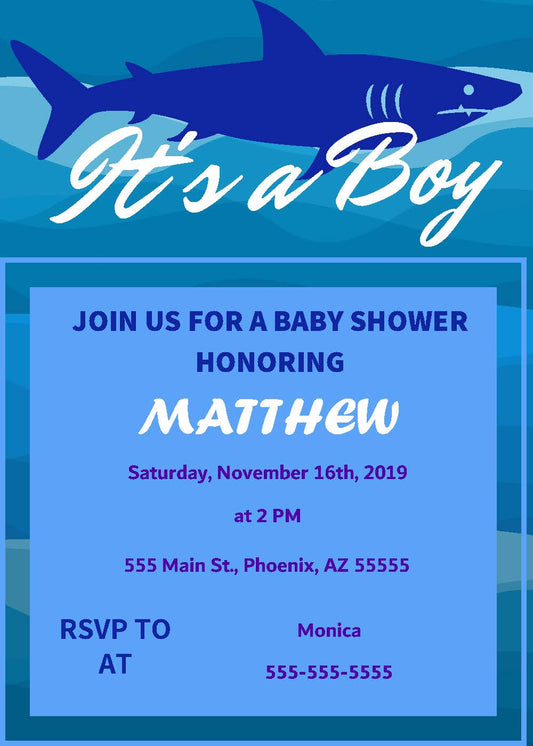 Baby Shower Boy Shark Theme Invitation 5'x 7"  (Editable and Instant Download)