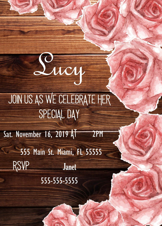 Birthday Party with Roses Invitation 5"x7" (Editable and Instant Download)