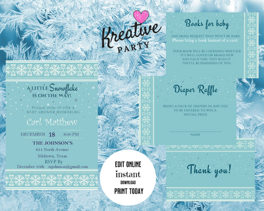 Baby Shower Bundle Invitations and Party Essentials A Little Snowflake Is On The Way (Blue)  (Editable and Instant download)