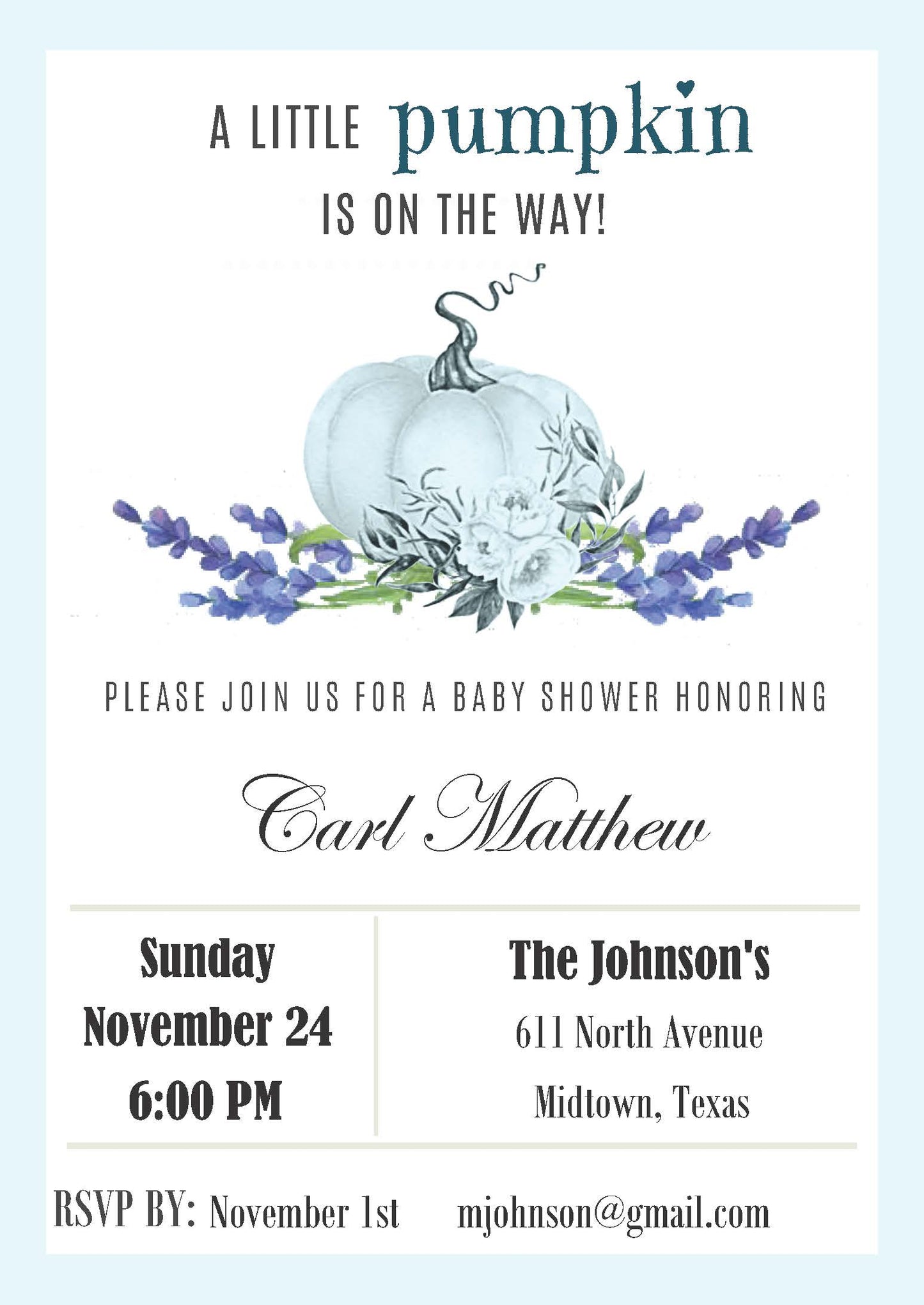 Baby Shower Invitation Blue A Little Pumpkin Is On The Way Bundle  (Editable and Instant download)