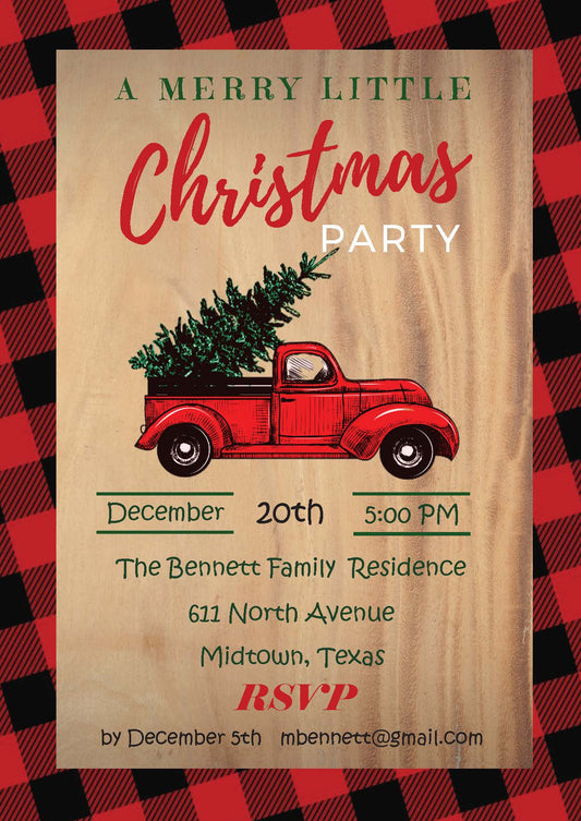 Christmas Party with Red Truck Black & Red Buffalo Check Invitations   (Editable and Instant download)