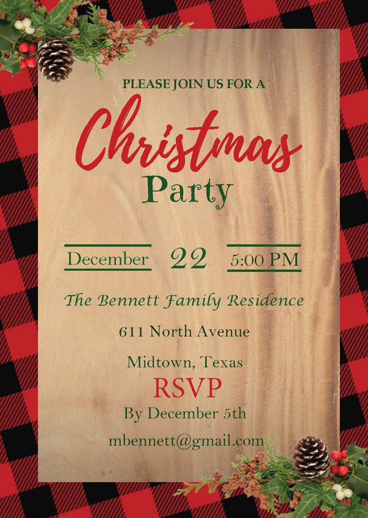 Christmas Party with Red & Black Buffalo Check Invitations A  (Editable and Instant download)