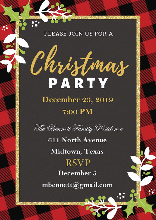 Christmas Party with Black & Red Buffalo Check Invitation B  (Editable and Instant download)