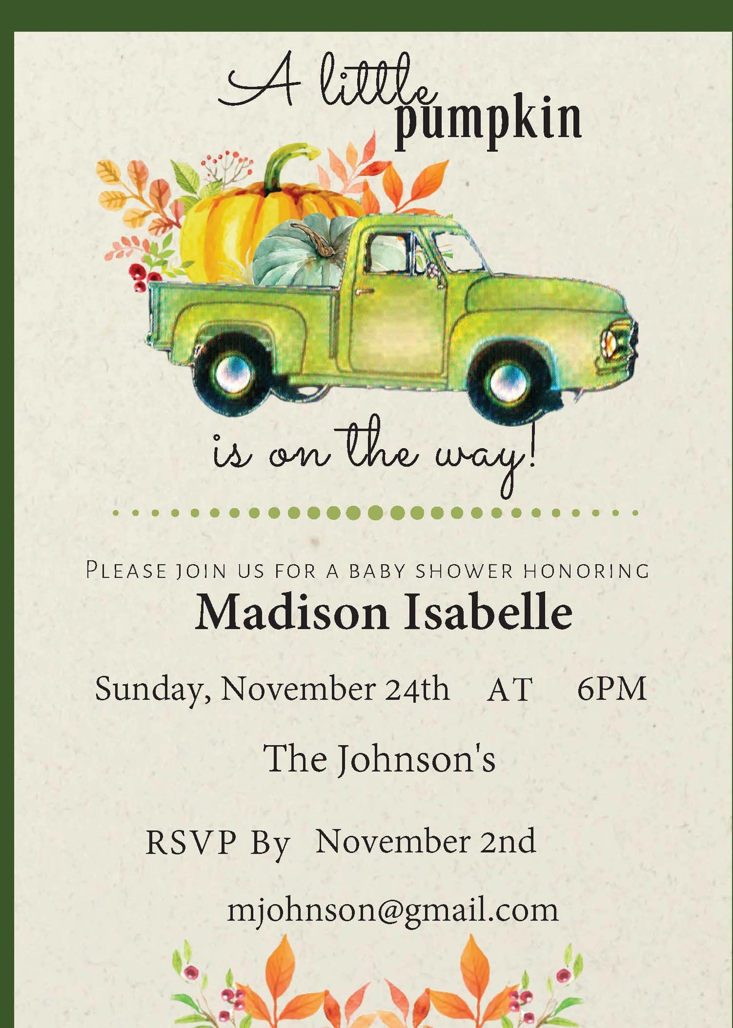 Baby Shower Invitation Green Truck with Pumpkins Bundles (Editable and Instant download)