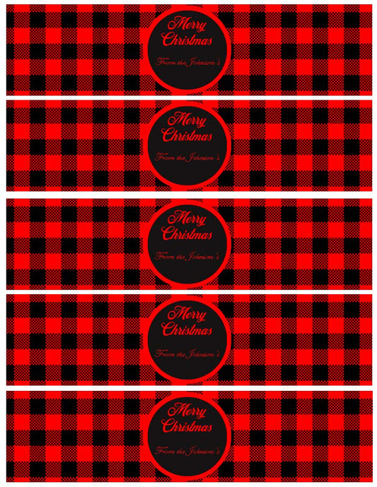 Christmas Water Bottle Label "Merry Christmas Red & Black Buffalo Check"  (Editable and Instant download)