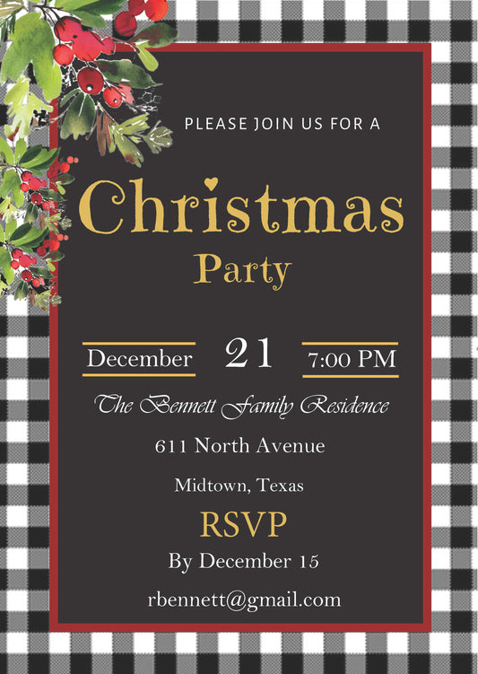 Christmas Party White & Black Buffalo Check Invitations  (Editable and Instant download)