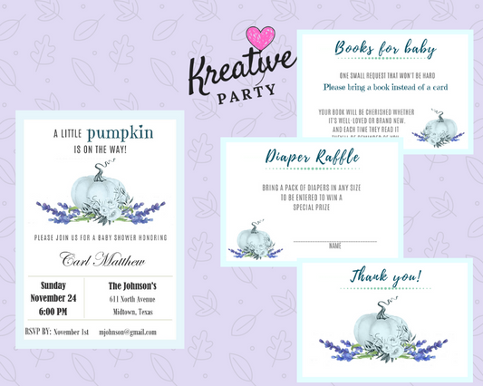 Baby Shower Invitation Blue A Little Pumpkin Is On The Way Bundle  (Editable and Instant download)