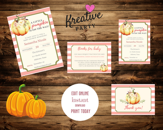 Baby Shower Invitations Little Pumpkin Bundle Pack (Editable and Instant download)