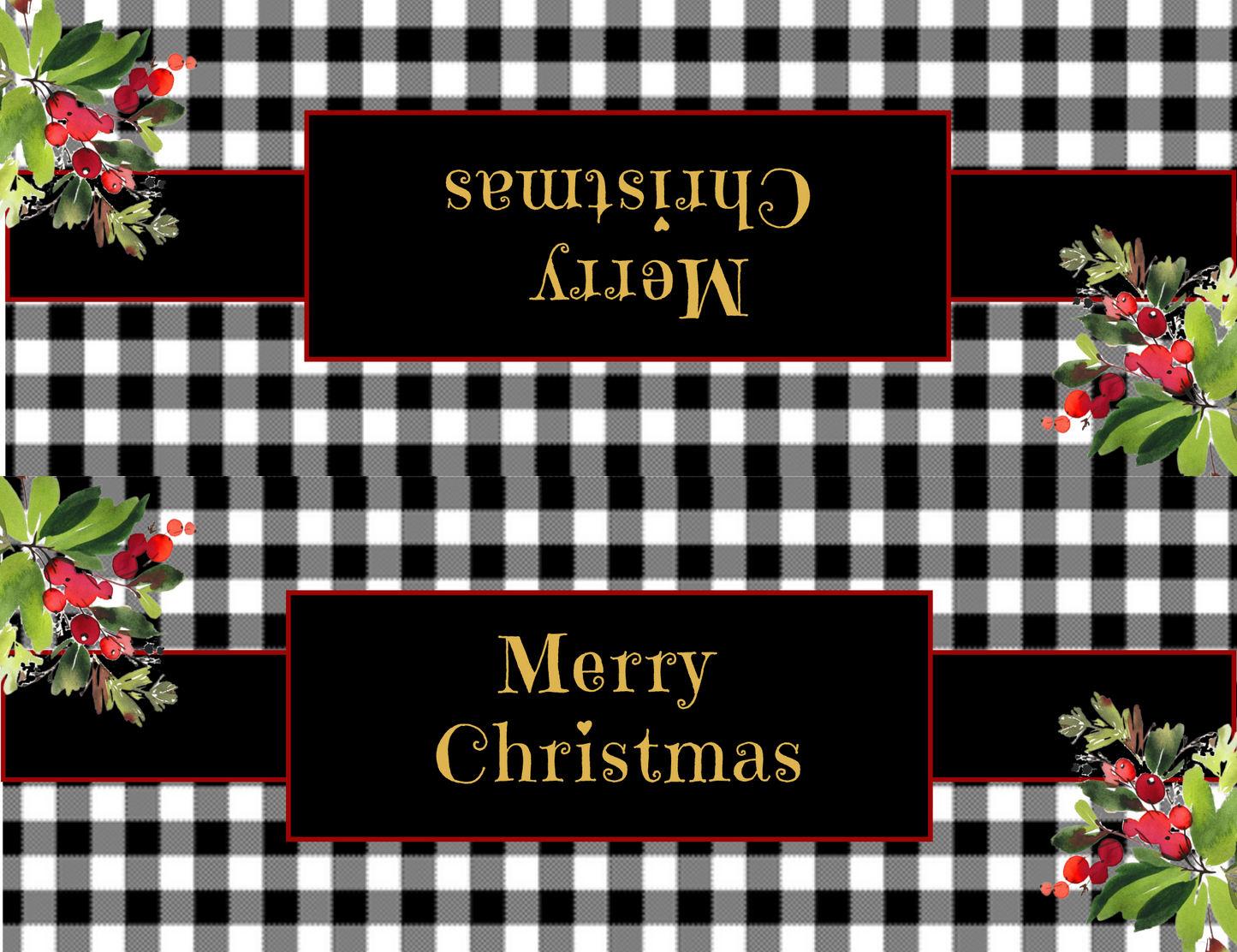 Christmas Party Bundle A includes food tent cards, water bottle label, party favor bag topper, square sticker templates, wine bottle labels (Editable and Instant Download)