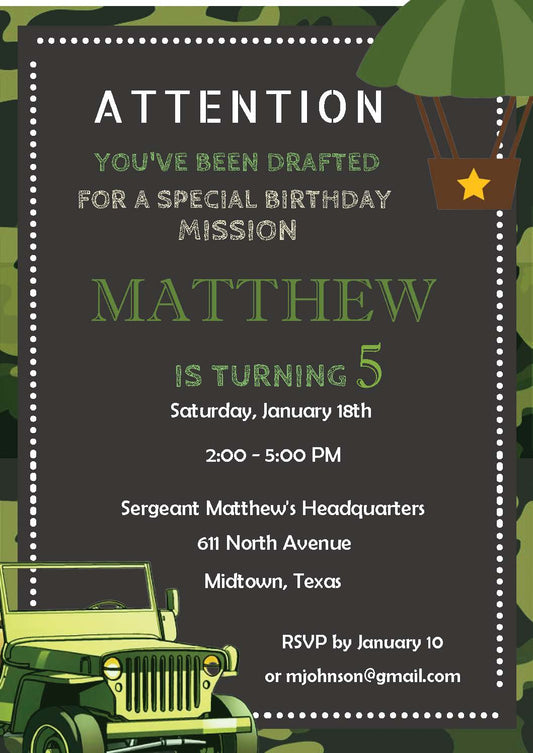 Military Birthday Party Invitation B (Editable and Instant Download)