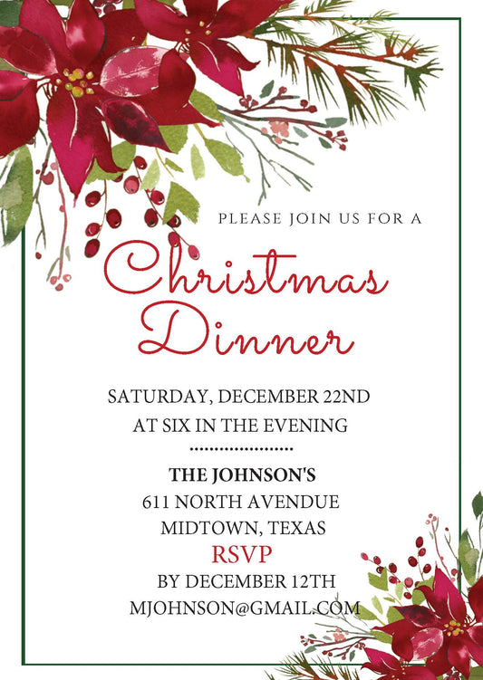 Christmas: Christmas Dinner Invitation with Red Flowers (Editable and Instant Download)
