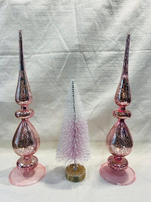 Christmas Pink  Mercury Glass Finial Tree Topper 12" Set of 2