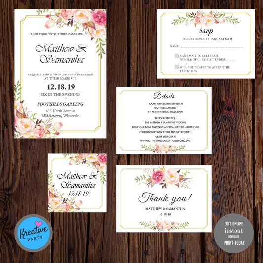 Pink Flowers with White Background Wedding Invitation Bundle  (Instant Download)