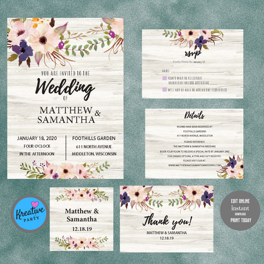 Pink Flowers with Wood Background Wedding Invitations Bundle  (Editable and Instant download)