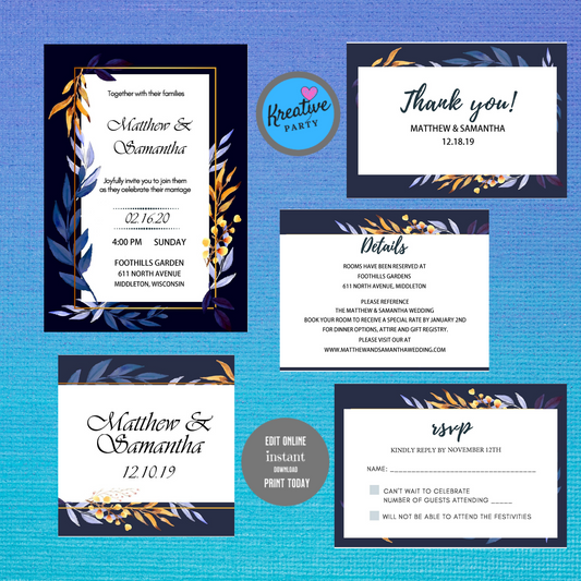 Wedding Invitation Blue Flowers Bundle   (Editable and Instant download)