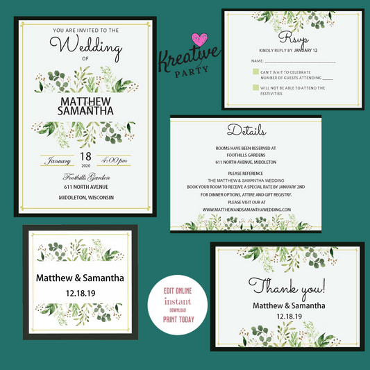 Wedding Invitations Green Flowers  (Editable and Instant download)