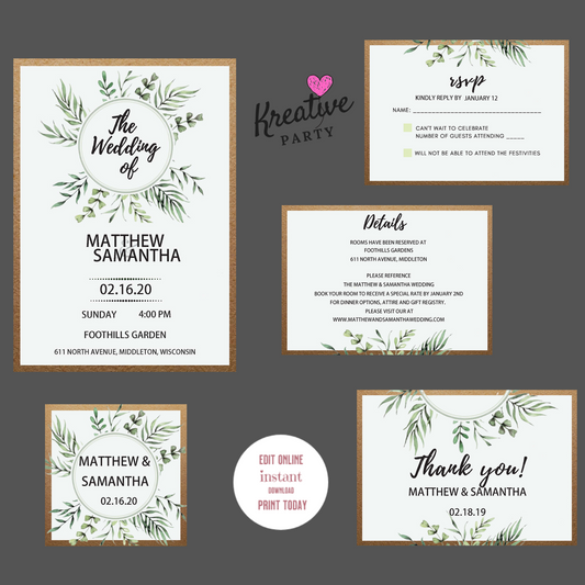 Wedding Invitations Green Wreath Flowers Bundle  (Editable and Instant download)